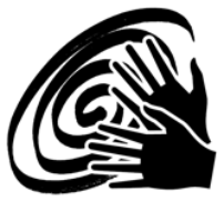 Logo der Schule: Eine sich einkringelnde Linie, wie eine Schnecke mit zwei gebärdenden Händen davor.